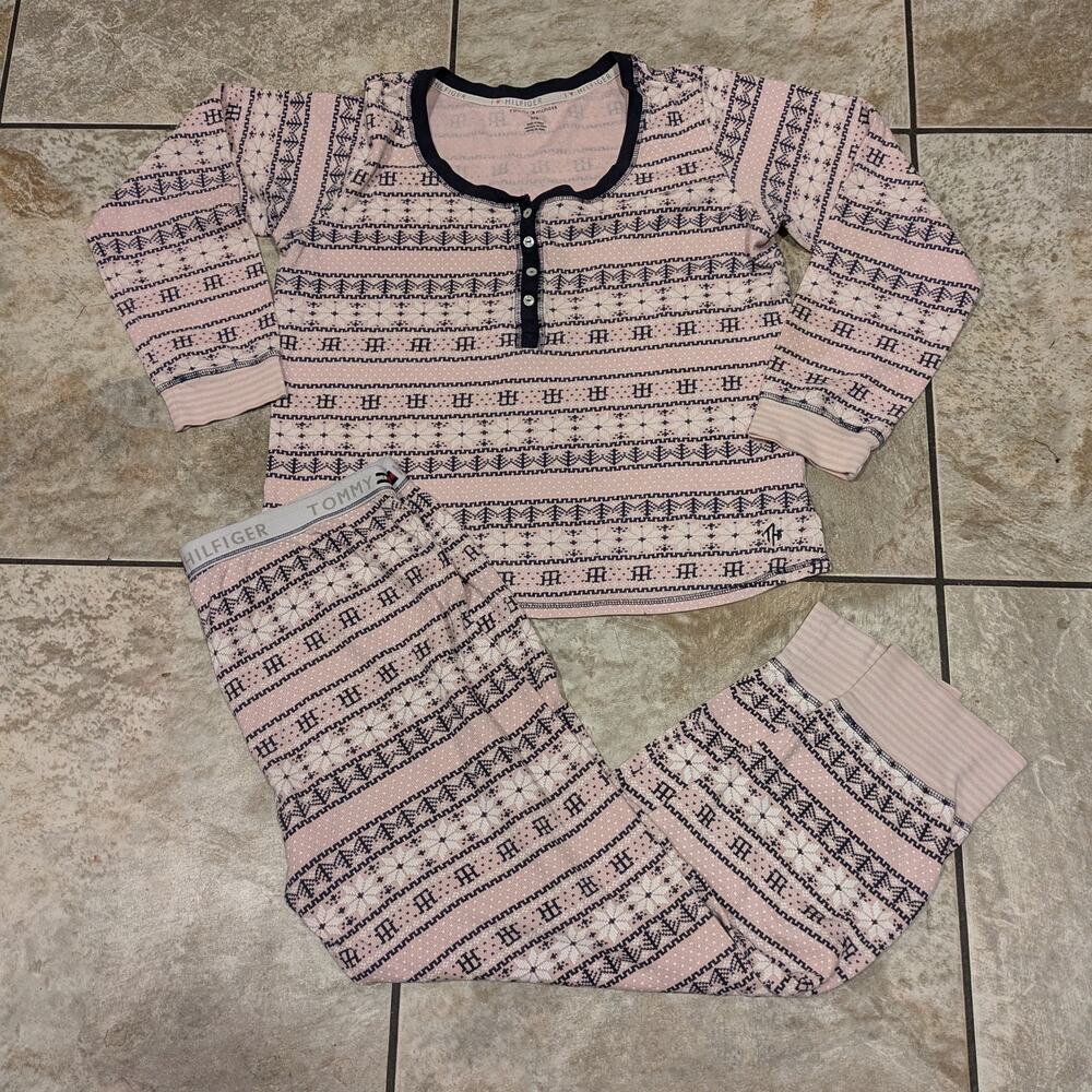 Tommy Hilfiger Women's Large Pajamas Thermal Pink Black 2 Piece Pjs Sleepwear